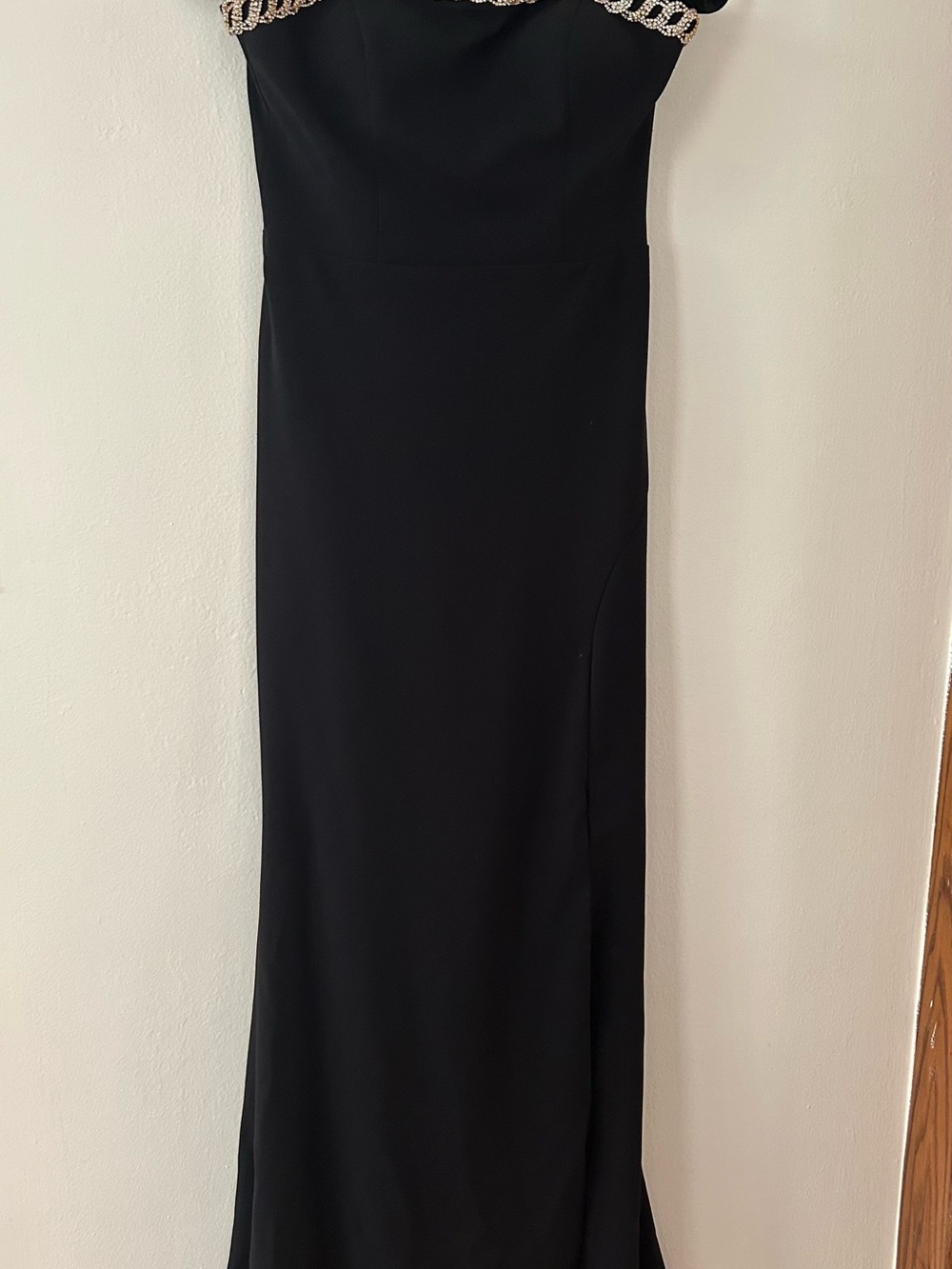 Xscape Black gown with gold embellishment top trim size 8